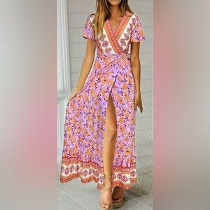 ZESICA Bohemian Floral Printed Wrap V-Neck Short Sleeve Beach Party Dress S NWT